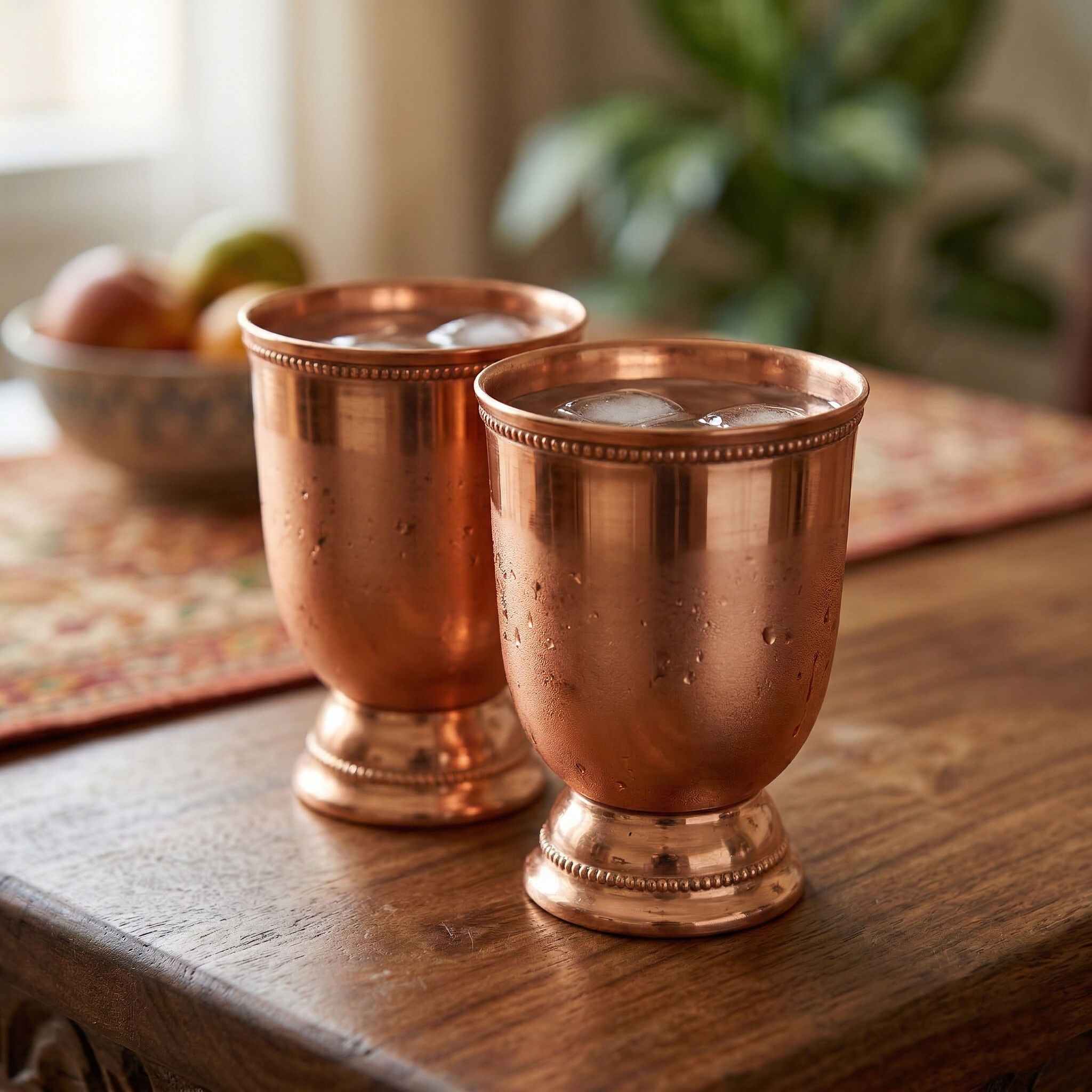 Pure copper round shaped glass with hammered design, 300 ML, Set of 2 414